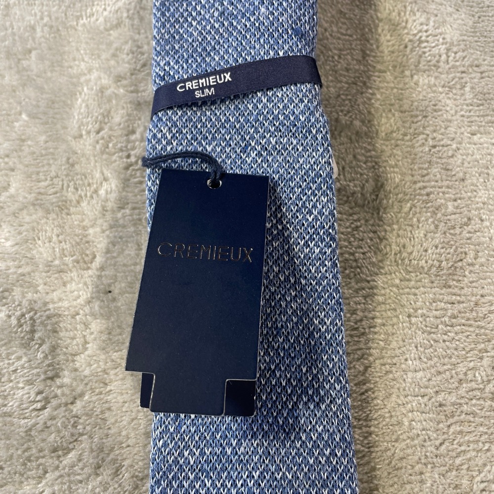 Cremieux Slim Necktie Tie Blue White Linen Silk Knit Italy Minimalist Luxury - Picture 3 of 8